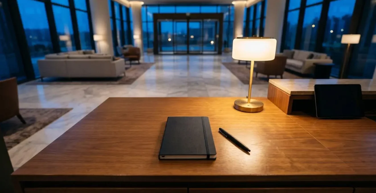 Vue en plongée d'un bureau de réception en fin de journée avec documents et outils de clôture soigneusement organisés