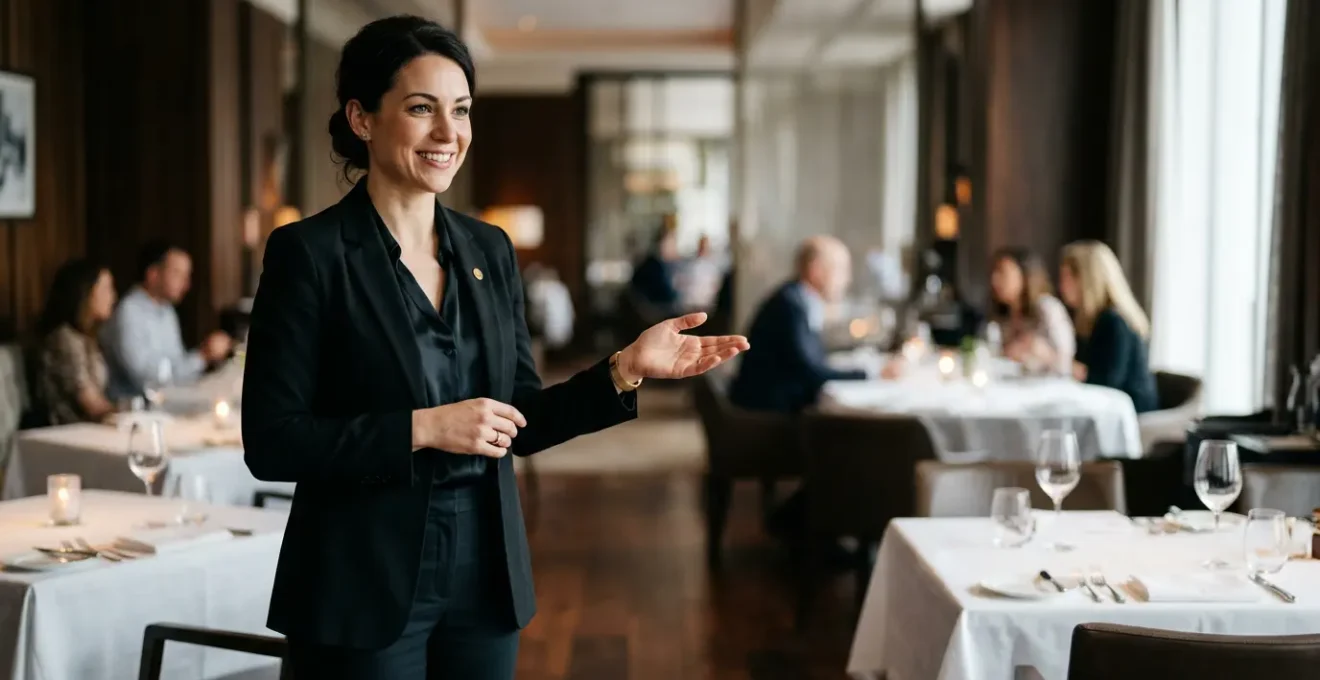 Professionnel de restauration incarnant l'excellence du service et des compétences relationnelles