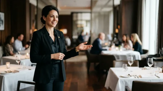 Professionnel de restauration incarnant l'excellence du service et des compétences relationnelles