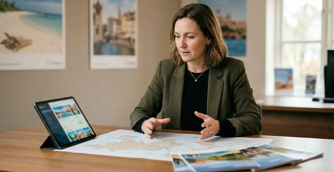 Conseiller en voyage professionnel analysant des itinéraires complexes dans une agence de voyage moderne