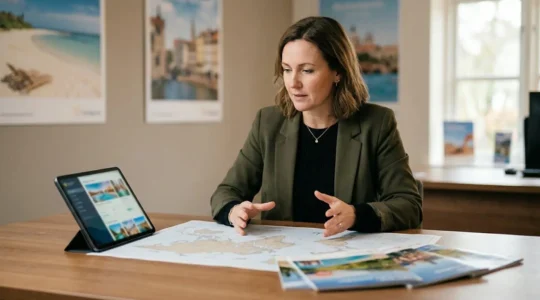 Conseiller en voyage professionnel analysant des itinéraires complexes dans une agence de voyage moderne