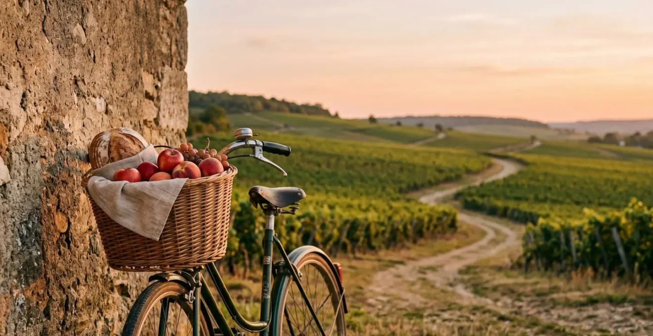 Vélo et produits gastronomiques locaux dans un paysage rural évoquant le mariage du cyclotourisme et de la gastronomie