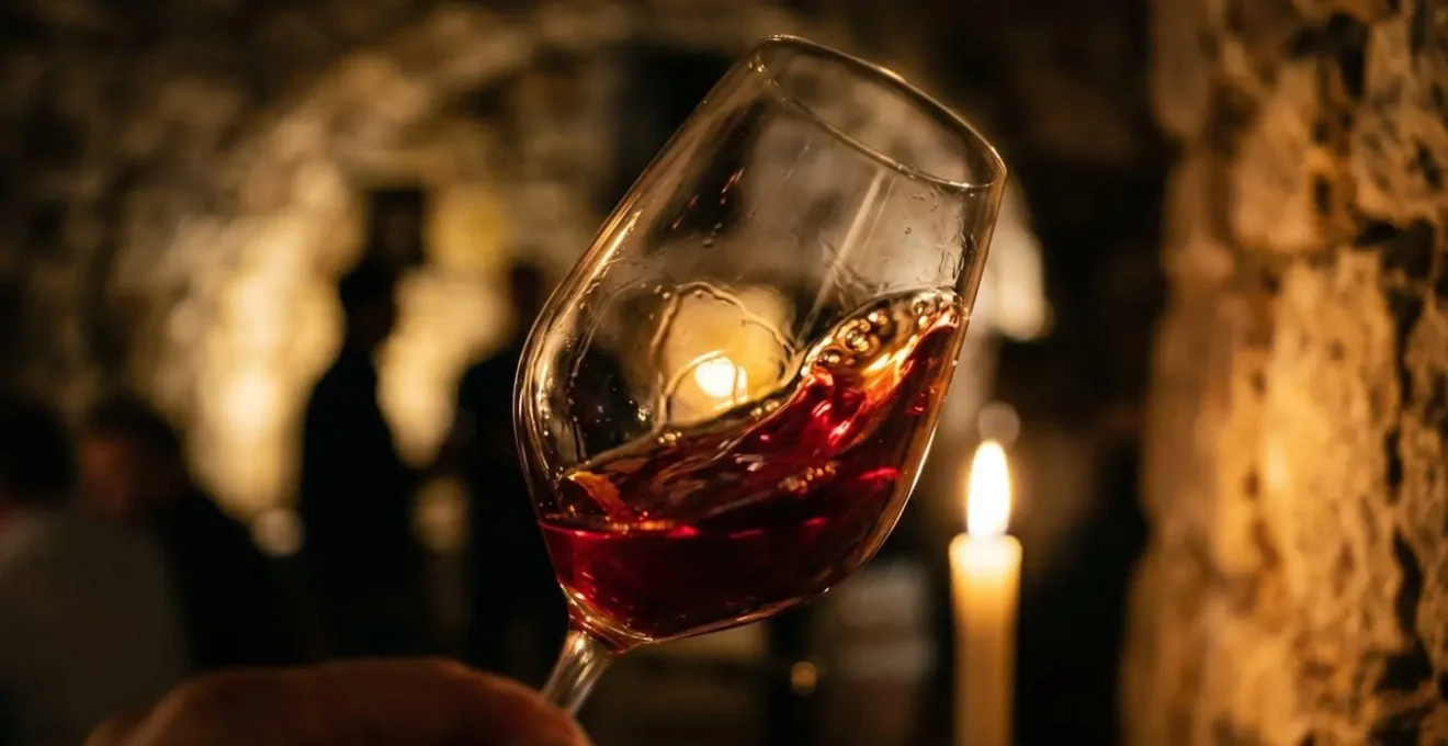 Dégustation de vin dans une cave ancienne avec éclairage ambré chaleureux