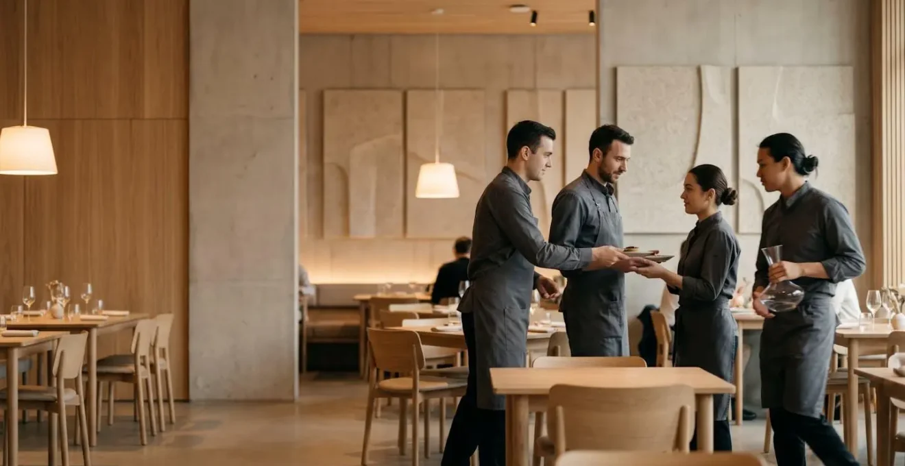 Collaboration harmonieuse entre membres d'une équipe de restaurant en plein service