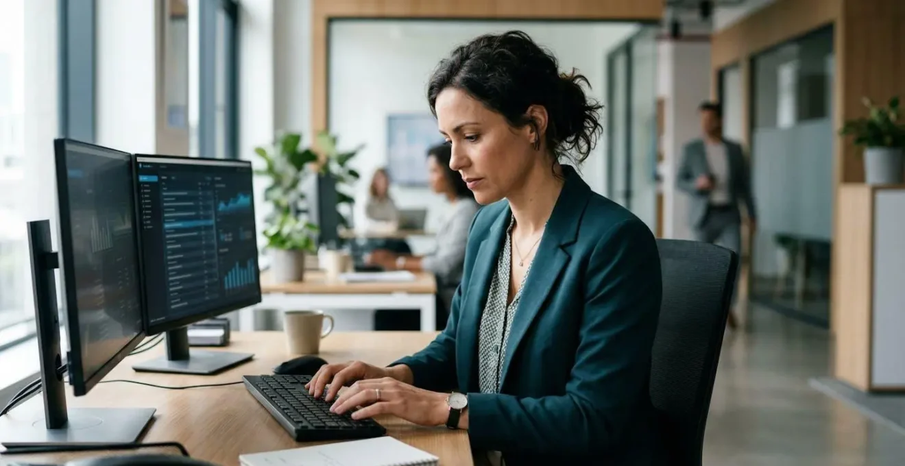 Professionnel concentré maîtrisant un système GDS complexe sur interface professionnelle