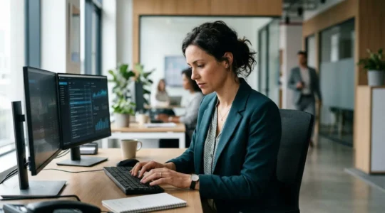 Professionnel concentré maîtrisant un système GDS complexe sur interface professionnelle