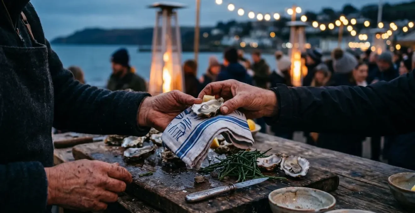 Ambiance intimiste d'un festival gastronomique d'hiver en station balnéaire avec dégustations de produits locaux