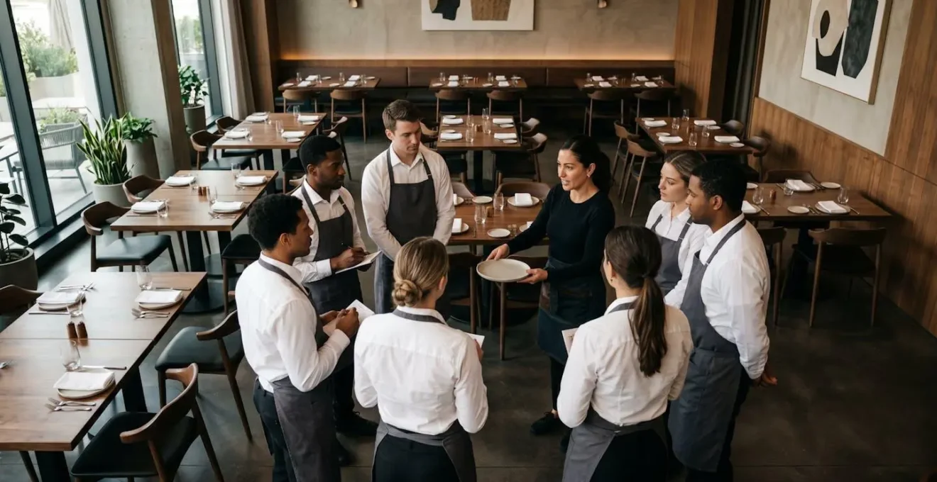 Formation pratique d'une équipe de serveurs dans une salle de restaurant avant l'ouverture