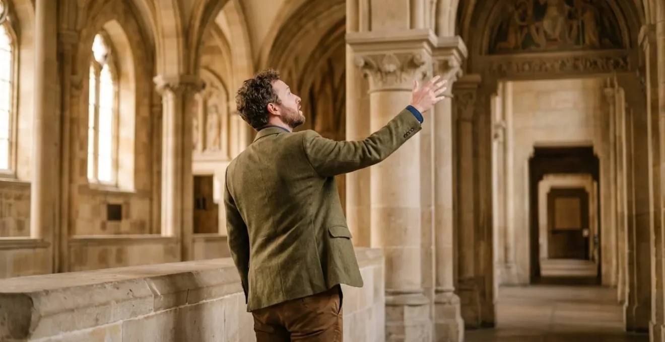 Guide-conférencier partageant sa passion du patrimoine avec un groupe de visiteurs