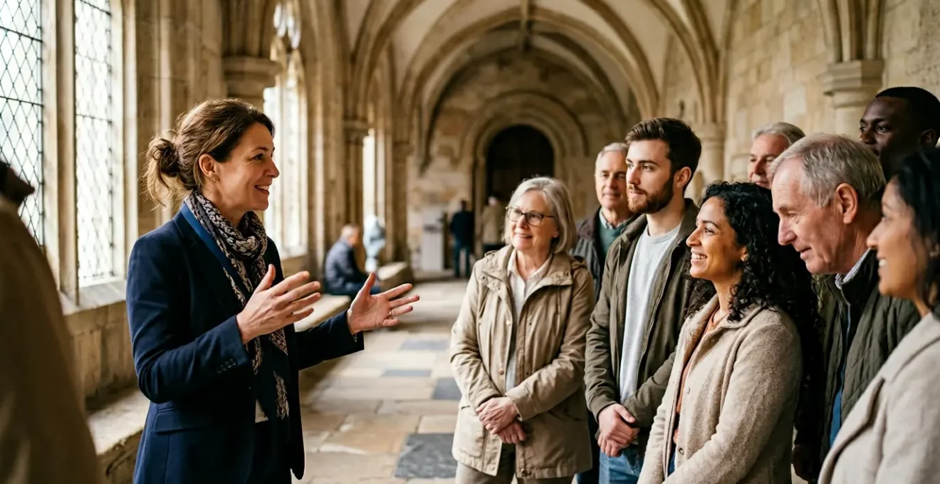 Guide-conférencier professionnel animant une visite guidée pour un groupe de visiteurs dans un lieu patrimonial