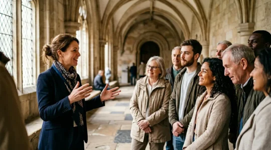 Guide-conférencier professionnel animant une visite guidée pour un groupe de visiteurs dans un lieu patrimonial