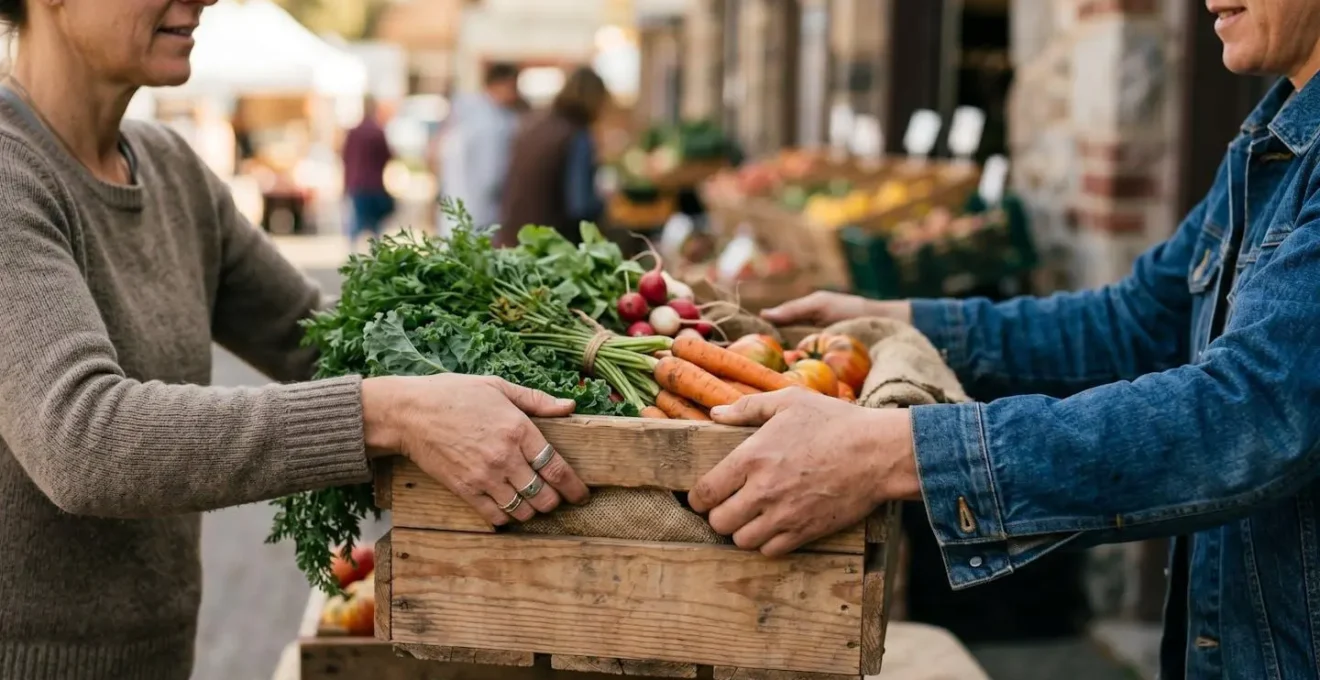 Producteur local livrant des légumes frais à un restaurant, illustrant les circuits courts et l'infrastructure durable