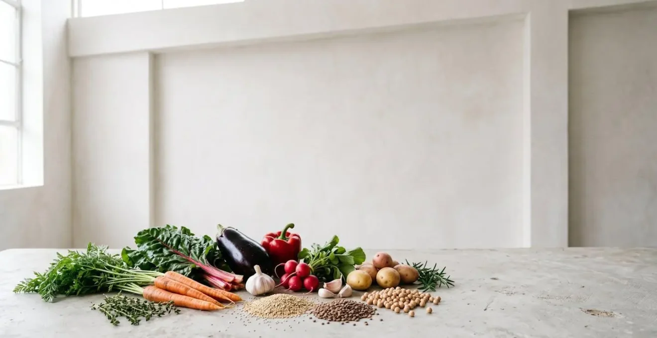 Composition minimaliste d'ingrédients végétaux frais sur fond épuré, évoquant la cuisine végane moderne