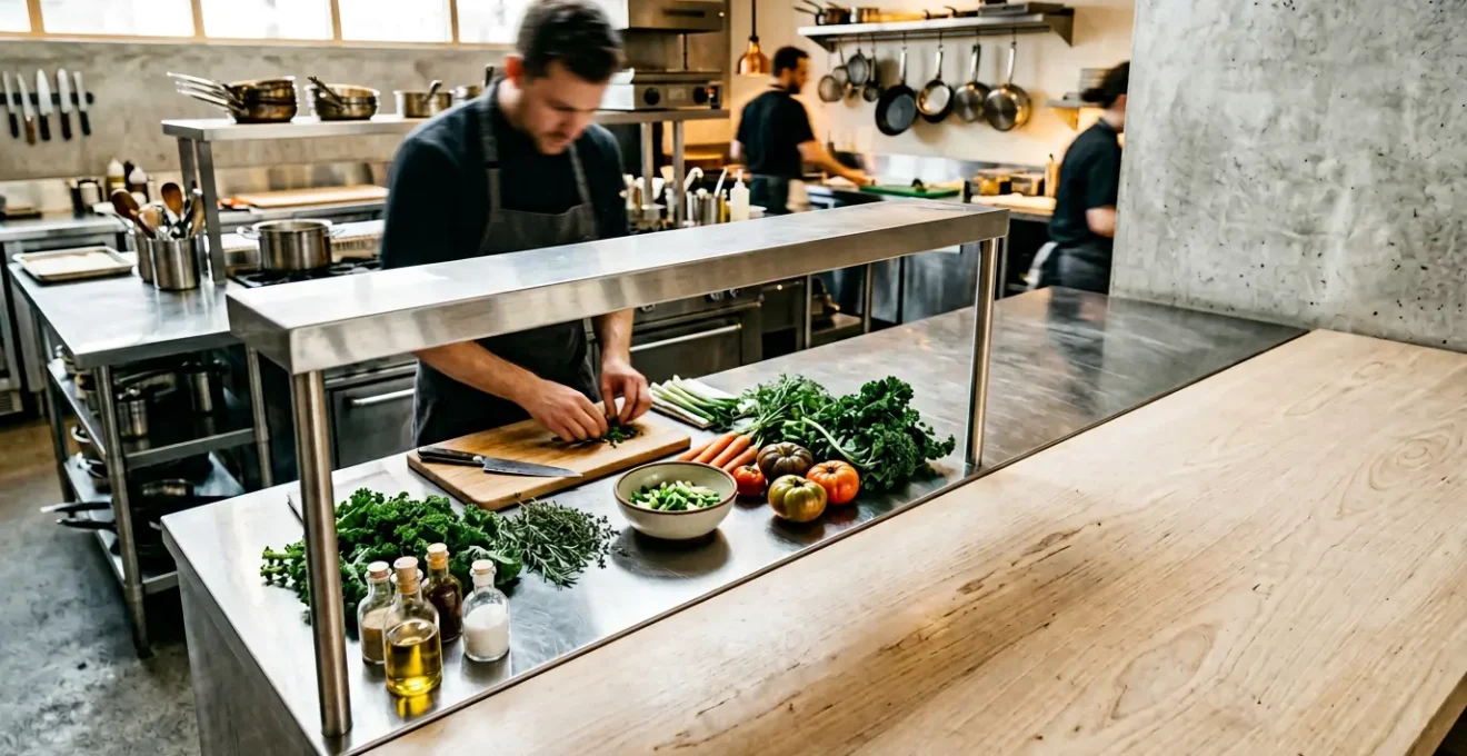 Vue en plongée d'un chef cuisinier travaillant avec des ingrédients frais sur un plan de travail professionnel en inox dans une cuisine de restaurant