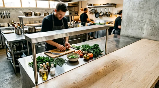 Vue en plongée d'un chef cuisinier travaillant avec des ingrédients frais sur un plan de travail professionnel en inox dans une cuisine de restaurant