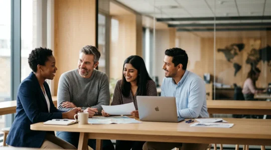 Professionnels du tourisme travaillant dans un environnement moderne et collaboratif