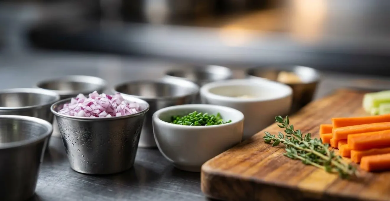 Mise en place méticuleuse en cuisine professionnelle avec ingrédients organisés avant le service