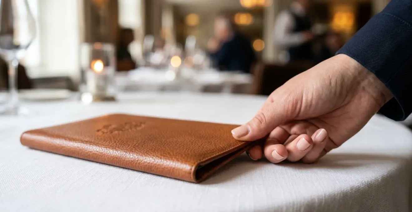 Gros plan sur une main présentant discrètement une addition de restaurant, illustrant le moment clé de communication sur le service inclus