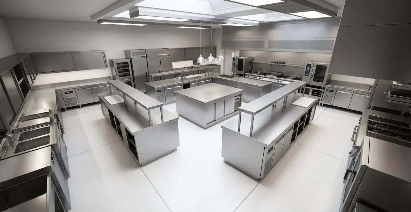 Vue d'ensemble d'une cuisine professionnelle moderne montrant l'organisation spatiale optimisée pour la productivité