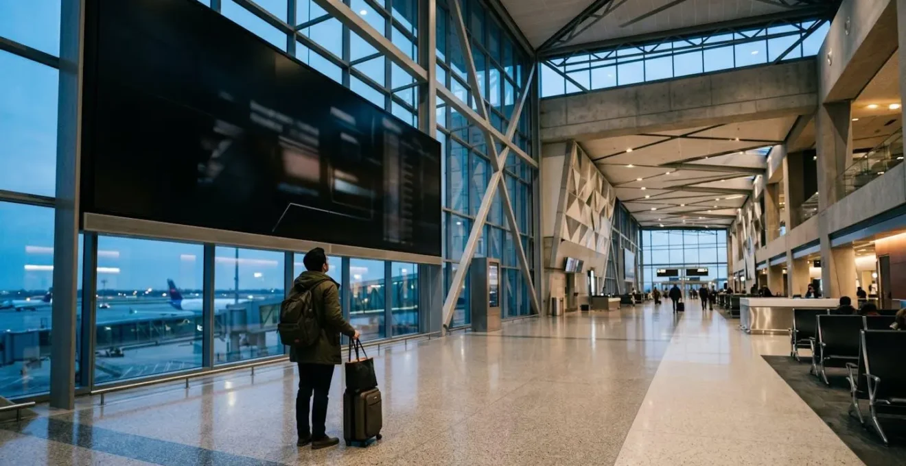 Voyageur préoccupé consultant l'écran des départs dans un terminal d'aéroport moderne