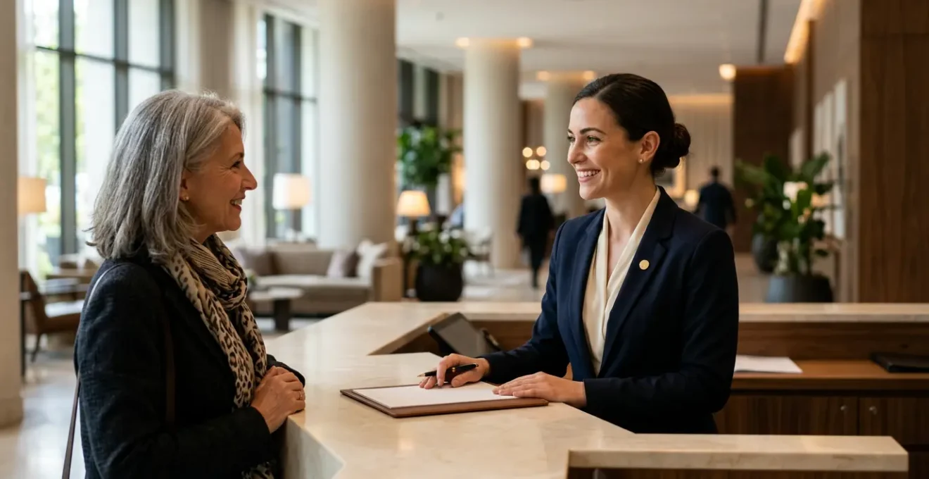 Réceptionniste professionnel accueillant chaleureusement un client à la réception d'un hôtel moderne