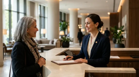 Réceptionniste professionnel accueillant chaleureusement un client à la réception d'un hôtel moderne