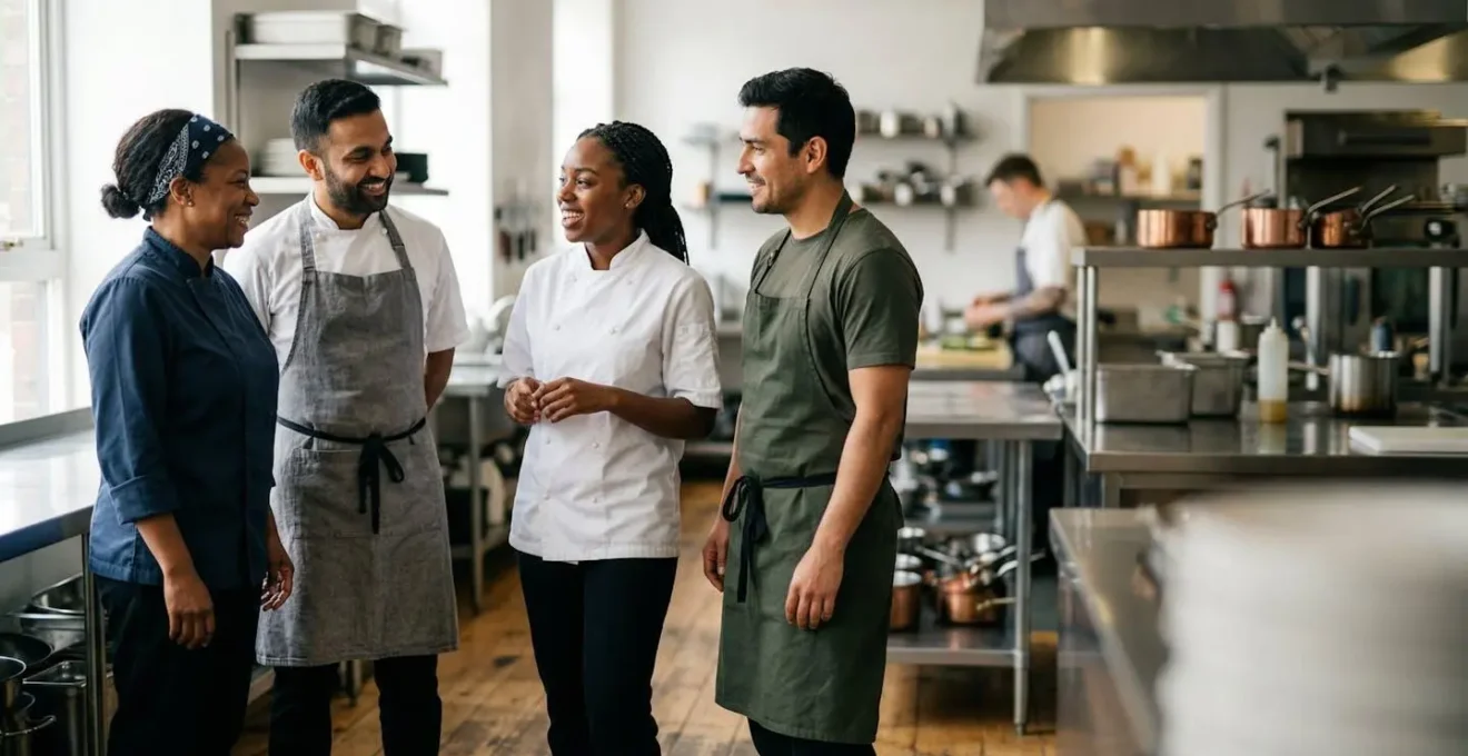 Équipe de restauration professionnelle collaborative et engagée dans un environnement de travail moderne