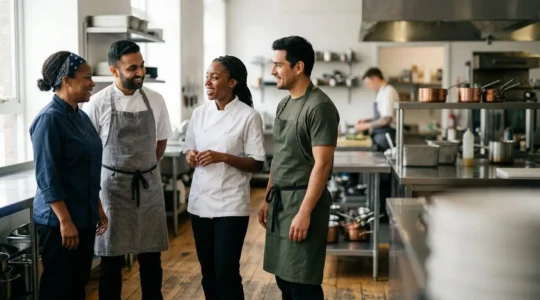 Équipe de restauration professionnelle collaborative et engagée dans un environnement de travail moderne