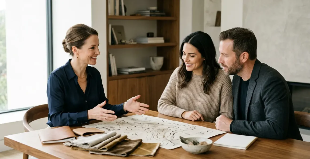 Consultation voyage personnalisé entre voyagiste et client dans un bureau élégant