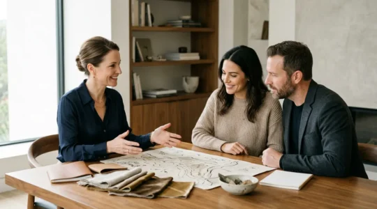 Consultation voyage personnalisé entre voyagiste et client dans un bureau élégant