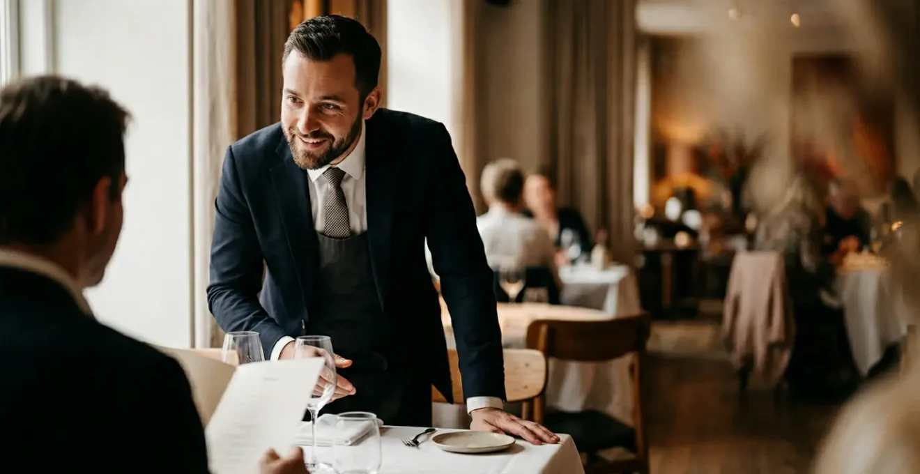 Interaction authentique entre personnel de restauration et client dans un environnement professionnel