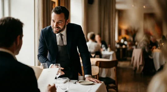 Interaction authentique entre personnel de restauration et client dans un environnement professionnel