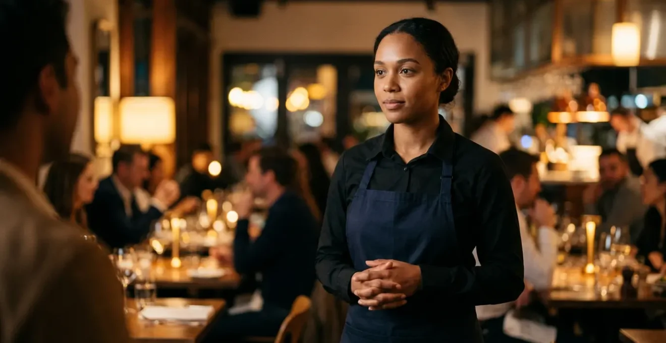 Moment de tension maîtrisée dans un restaurant entre personnel et clientèle