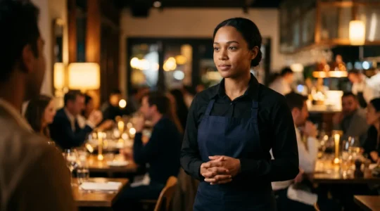 Moment de tension maîtrisée dans un restaurant entre personnel et clientèle