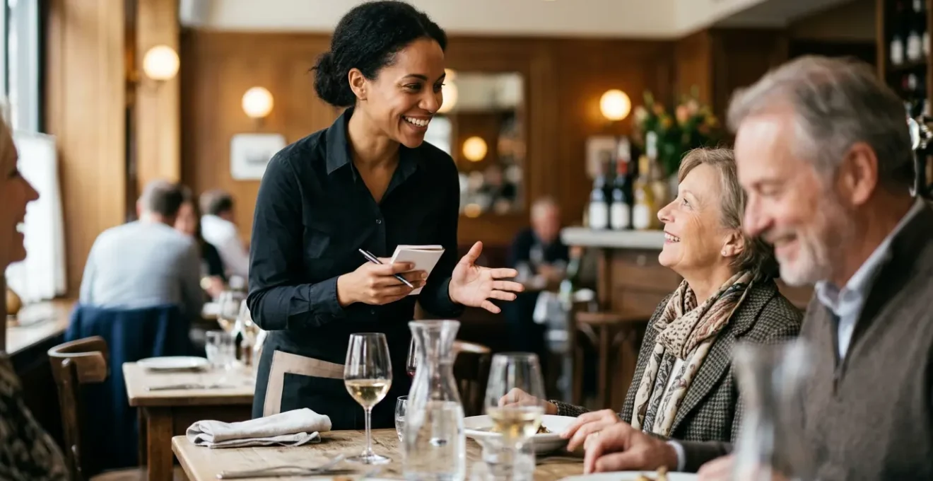 Professionnel de la restauration accueillant une clientèle internationale dans un restaurant moderne