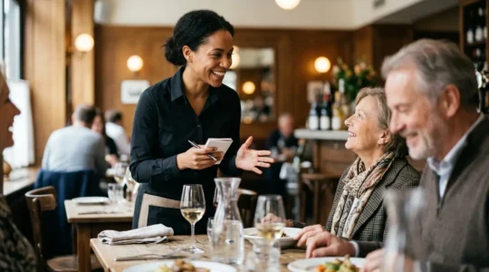 Professionnel de la restauration accueillant une clientèle internationale dans un restaurant moderne