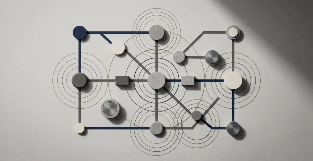 Composition symbolique représentant l'optimisation de trajets et d'itinéraires complexes