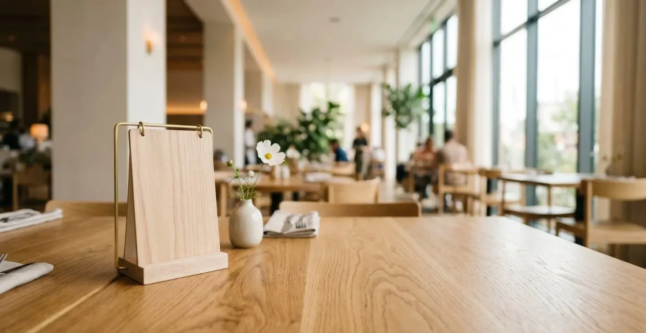 Vue minimaliste d'une table de restaurant avec un support de menu élégant, symbolisant l'accessibilité linguistique moderne
