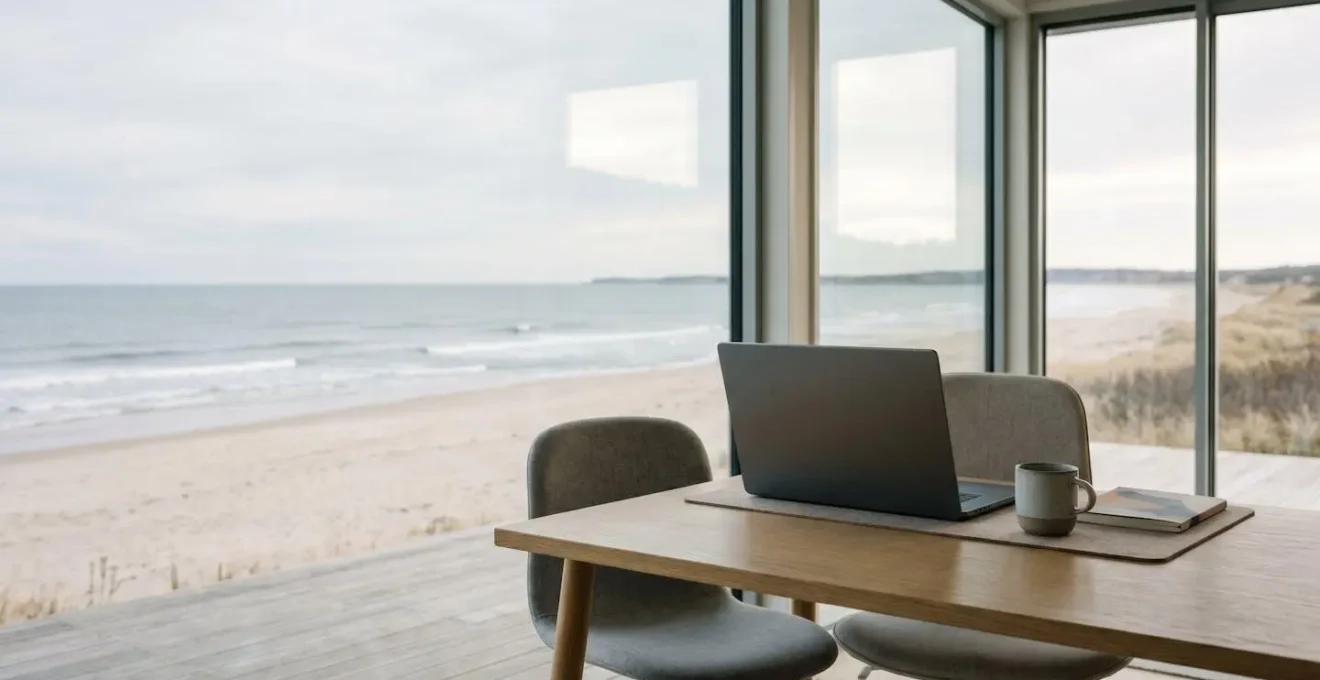 Scène minimaliste d'un espace de télétravail face à un paysage côtier paisible en automne